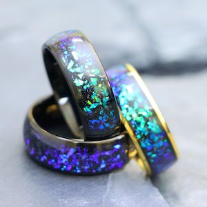 Galaxy Opal Wedding Ring, Tungsten Wedding Ring, Black Wedding Ring Anniversary Ring, Engagement Ring for Men, Galaxy Ring, Comfort Fit Ring