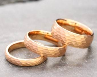 Rose Gold Hammered Tungsten Wedding Ring for His and Hers, 8mm/6mm Band, Rose Gold Couple Ring, Matching Engagement Ring, Men's Wedding Ring