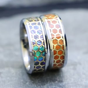 Unique Ring, Laser Engraved Ring, Men&#39;s Honeycomb Rings, Gold Plated Cut Out Inlay Rosewood Inlay Tungsten Wedding Band, Mens Tungsten Bands