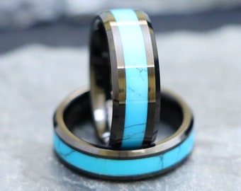 6mm-8mm Black Tungsten Ring, Turquoise Rings, Blue Turquoise Bands, Wedding Ring for His and Her, Tungsten Wedding Ring, Black Rings for Him