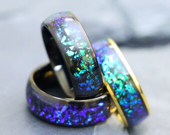 Mens Promise Ring, Green Opal & Abalone Fragments Inlay Tungsten Ring, Men's Wedding Band, Anniversary Ring, Laser Engraved Promise 8mm Band