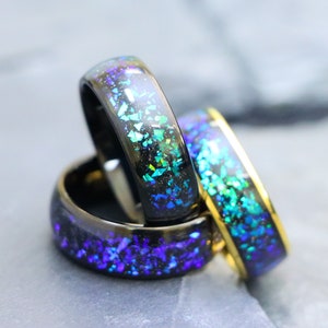 Mens Promise Ring, Green Opal & Abalone Fragments Inlay Tungsten Ring, Men&#39;s Wedding Band, Anniversary Ring, Laser Engraved Promise 8mm Band