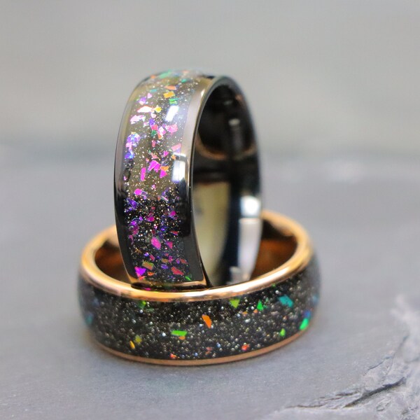 Mens Womens Unique Dome Wedding Ring , Men's Opal Ring, Galaxy Engagement Ring, Opal & Abalone Inlay Tungsten Rings, Men's Anniversary Bands
