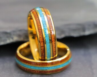 Wooden Couple Ring, Hawaiian Koa Wood Wedding Ring, Gold Plated Tungsten Wedding Band, Men's Wedding Band, Turquoise Wood Tungsten Band Ring