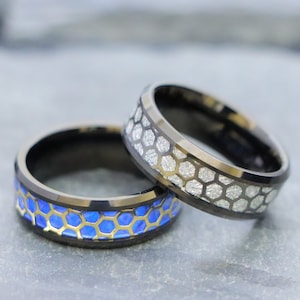 Tungsten 8mm Promise Bands, Blue Opal Inlay with Gold Plated Honeycomb Pattern Black Wedding Rings, Men&#39;s Bands, Engraved Anniversary Rings
