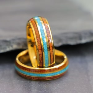 Wooden Couple Ring, Hawaiian Koa Wood Wedding Ring, Gold Plated Tungsten Wedding Band, Men&#39;s Wedding Band, Turquoise Wood Tungsten Band Ring
