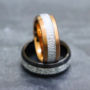 Rose Gold Meteorite Ring, Meteorite Inlay Wedding Band, Unique His 8mm Anniversary Band, Birthday Gift for Him, Guys Promise Engagement Ring