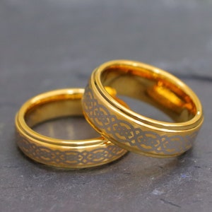 Men&#39;s Gold Plated Women Anniversary Rings, Men&#39;s Women&#39;s Tungsten Wedding Band with Celtic Knot Engraved, Celtic Wedding Ring, Men&#39;s Women&#39;s