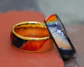 8mm Tungsten Wedding Band, Colorful Rosewood Inlay, Yellow Gold