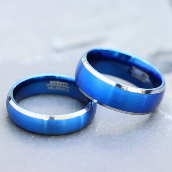 Men Women Tungsten Engagement Band, 8MM 6MM Beveled Edge Brushed Blue Ring For Couples, Personalized Rings, Thin Mens Tungsten Carbide Bands