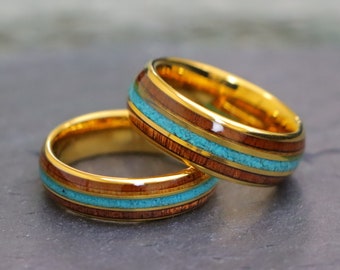 Yellow Gold Tungsten Men's Wedding Ring with Rosewood and Turquoise Inlay, Gold Engagement Ring for Men and Women, Turquoise Couple Rings