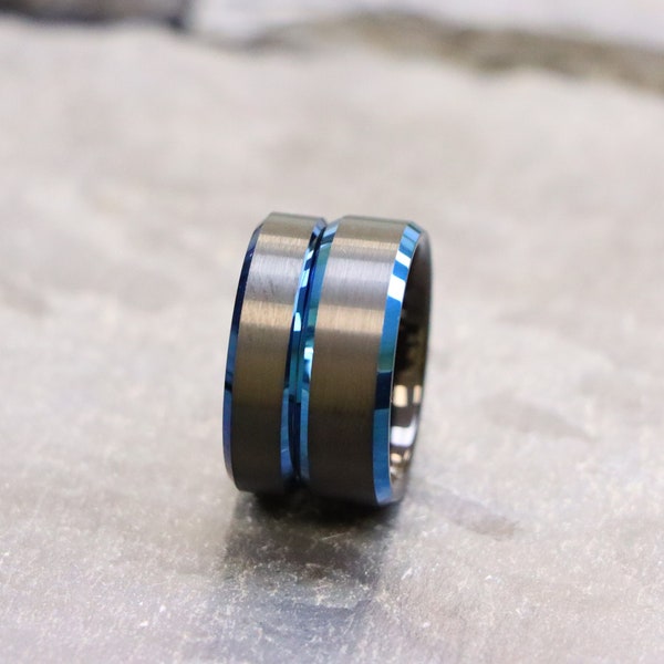 Black And Blue Gents Tungsten Wedding Band, Mens Wedding Band, Engagement Wedding Ring, Two Tone Couple Tungsten Band, Brushed Finish Centre