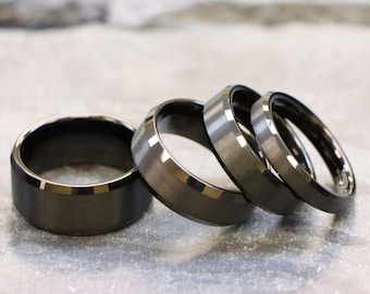 Black Tungsten Ring, Black Tungsten Wedding Band, Engagement Band, Husband Anniversary Gift, His and Hers Rings, Brushed Beveled Edges Rings