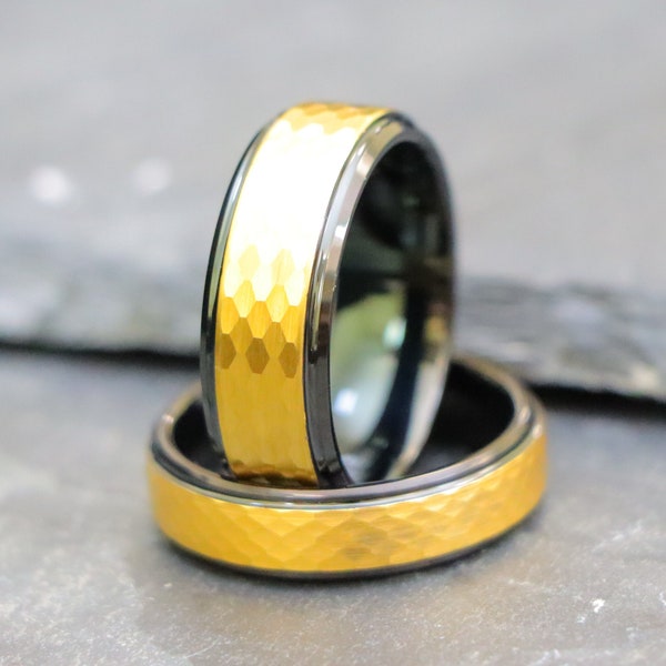 Black & Yellow IP Tungsten Ring, Hammered Center Stepped Edge Ring, Custom Engraved Personalized Ring, Gold Wedding Band, Mens Tungsten Band