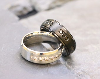 Men's Silver Titanium Wedding Ring,Titanium Wedding Band, Channel Set Diamond Engagement Ring, Mens Ring, Womens Promise Ring, Birthday Gift
