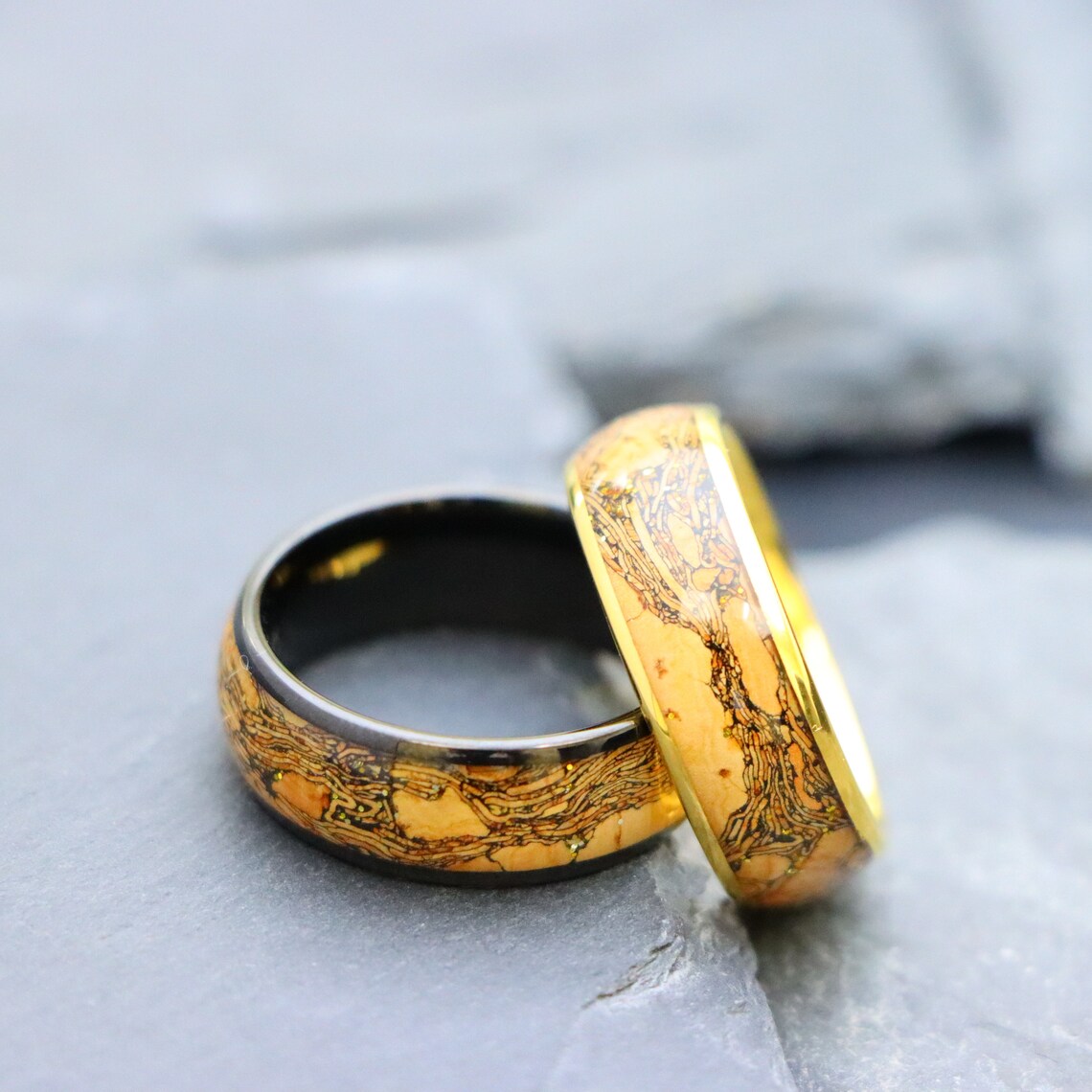 Tungsten Cork Inlay Ring, Yellow Gold Ring, Men Women Wedding Bands ...