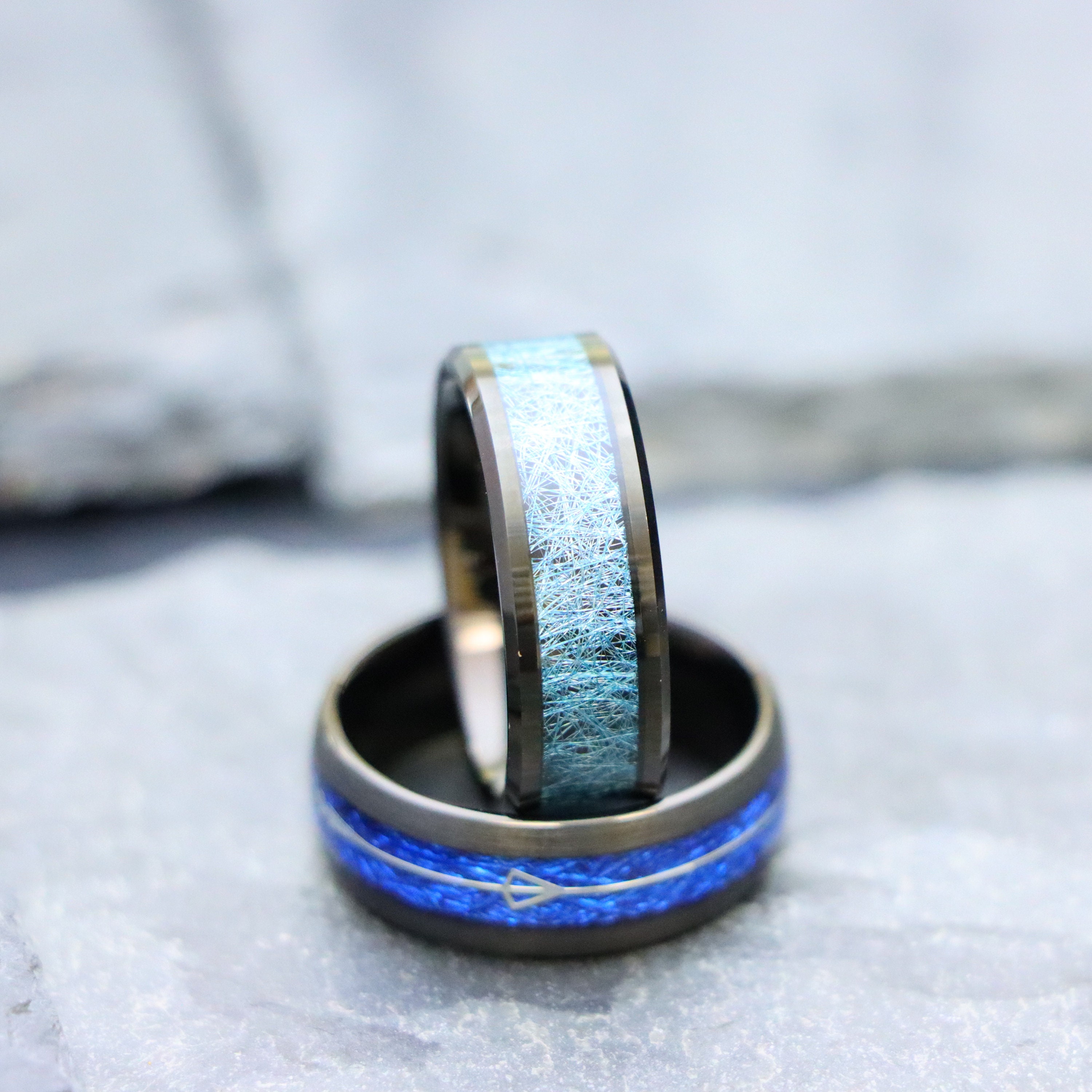 Blue Meteorite Inlay Engagement Ring Feathered Arrow Inlay Black ...