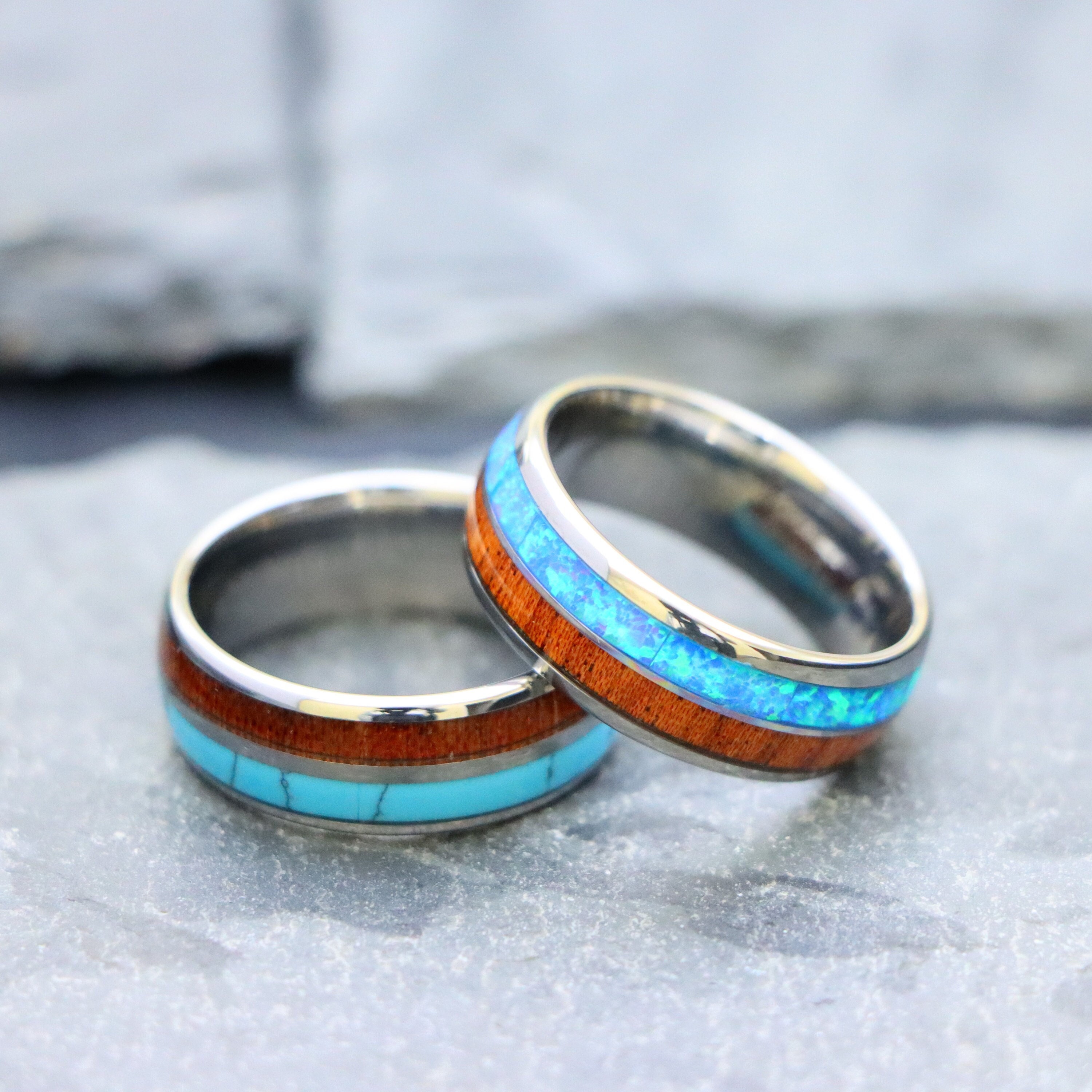 Promise Ring Men, Blue Opal Hawaiian Koa Wood Inlay Rings, Domed