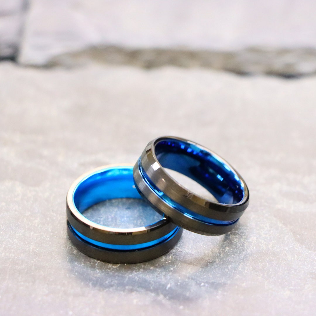 8mm Tungsten Men's Wedding Band – Off-Center Thin Blue Line Ring – Black & Blue – Sizes 9-13