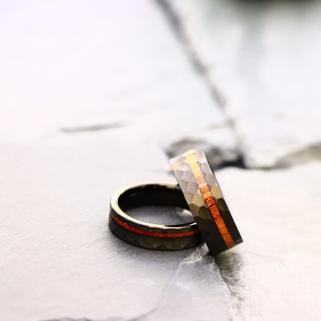 we took our beloved hand hammered band and made it... Hammered With Wood Inlay, Tungsten Wedding Band, Men's Unique Wood Ring ...