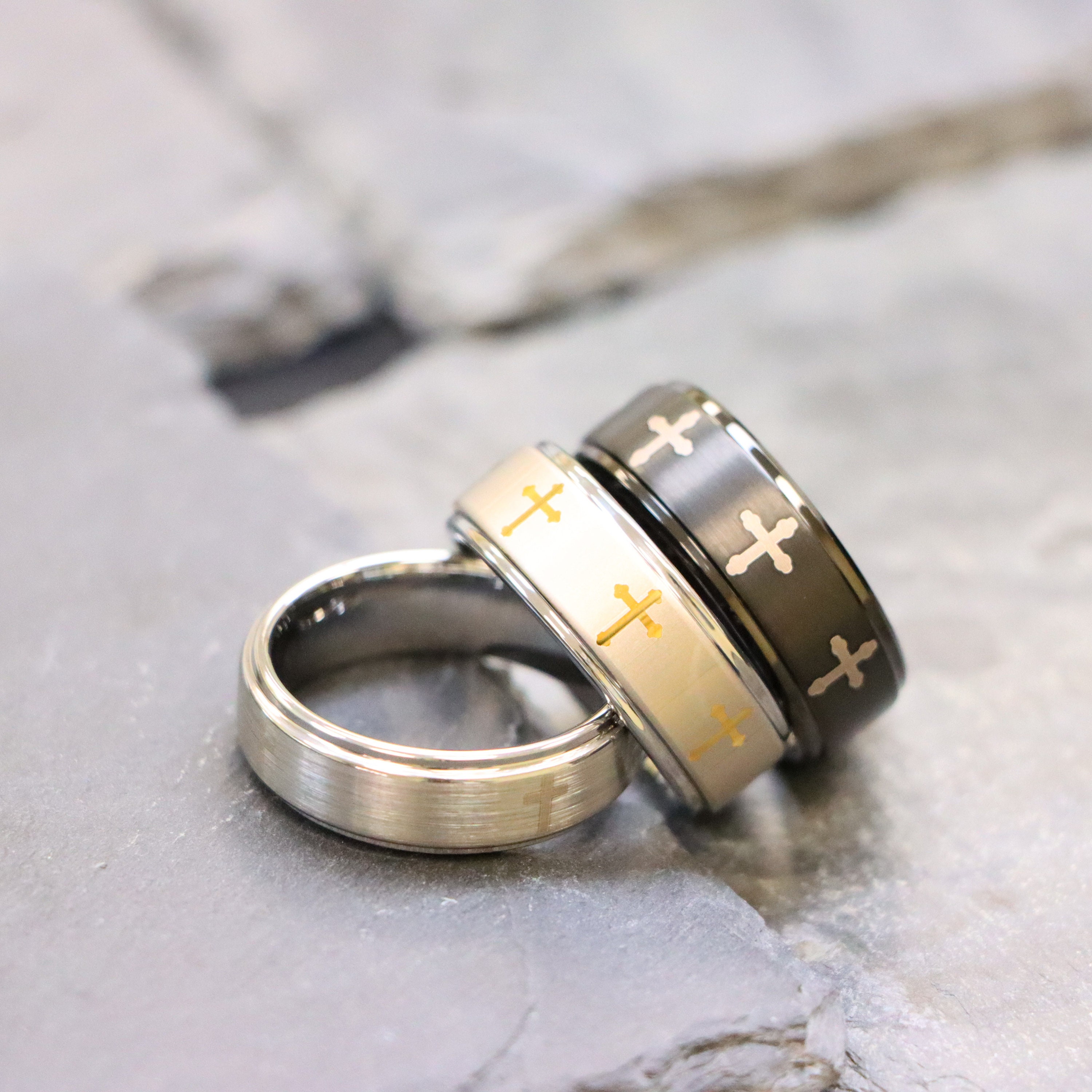 8mm Men's Wedding Ring, Black Tungsten Wedding Band With Cross Design