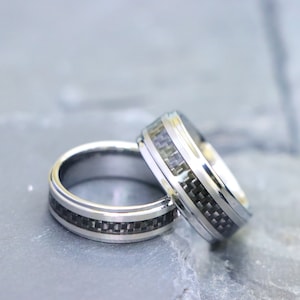 Black Carbon Fiber Silver Tungsten Rings, Carbon Fiber Inlay, Men&#39;s Tungsten Carbide Rings, Wedding Band, Men&#39;s Women&#39;s Unisex 9mm-7mm Rings