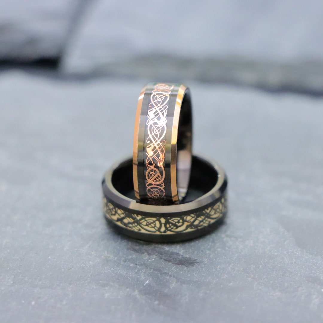 Custom Engraved 8mm Wide Tungsten Carbide Rose Gold Dragon Inlay