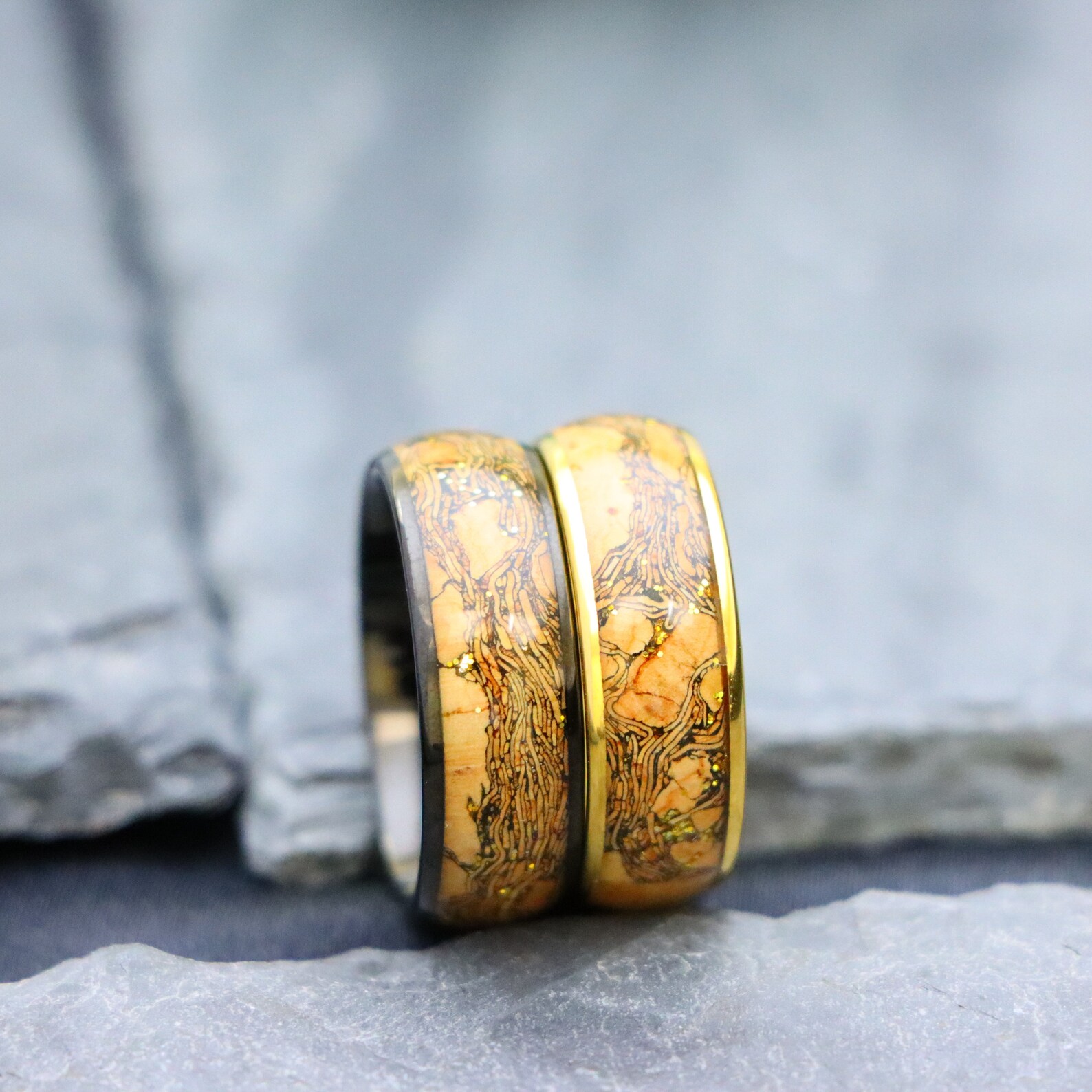 Tungsten Cork Inlay Ring, Yellow Gold Ring, Men Women Wedding Bands ...