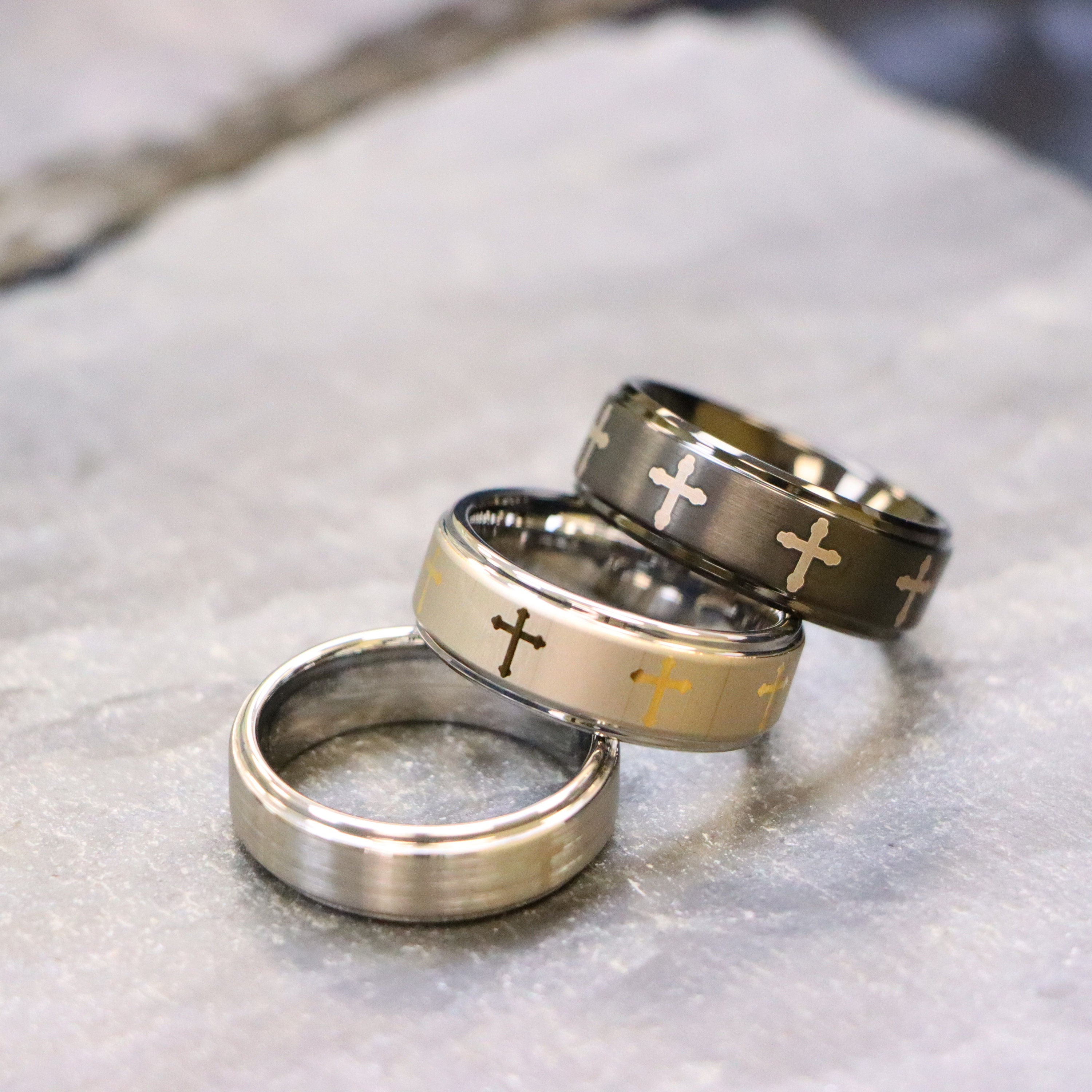 Men's Stainless Steel Cross Ring With Red Cubic Zirconia - Vintage Style Wedding Promise Band