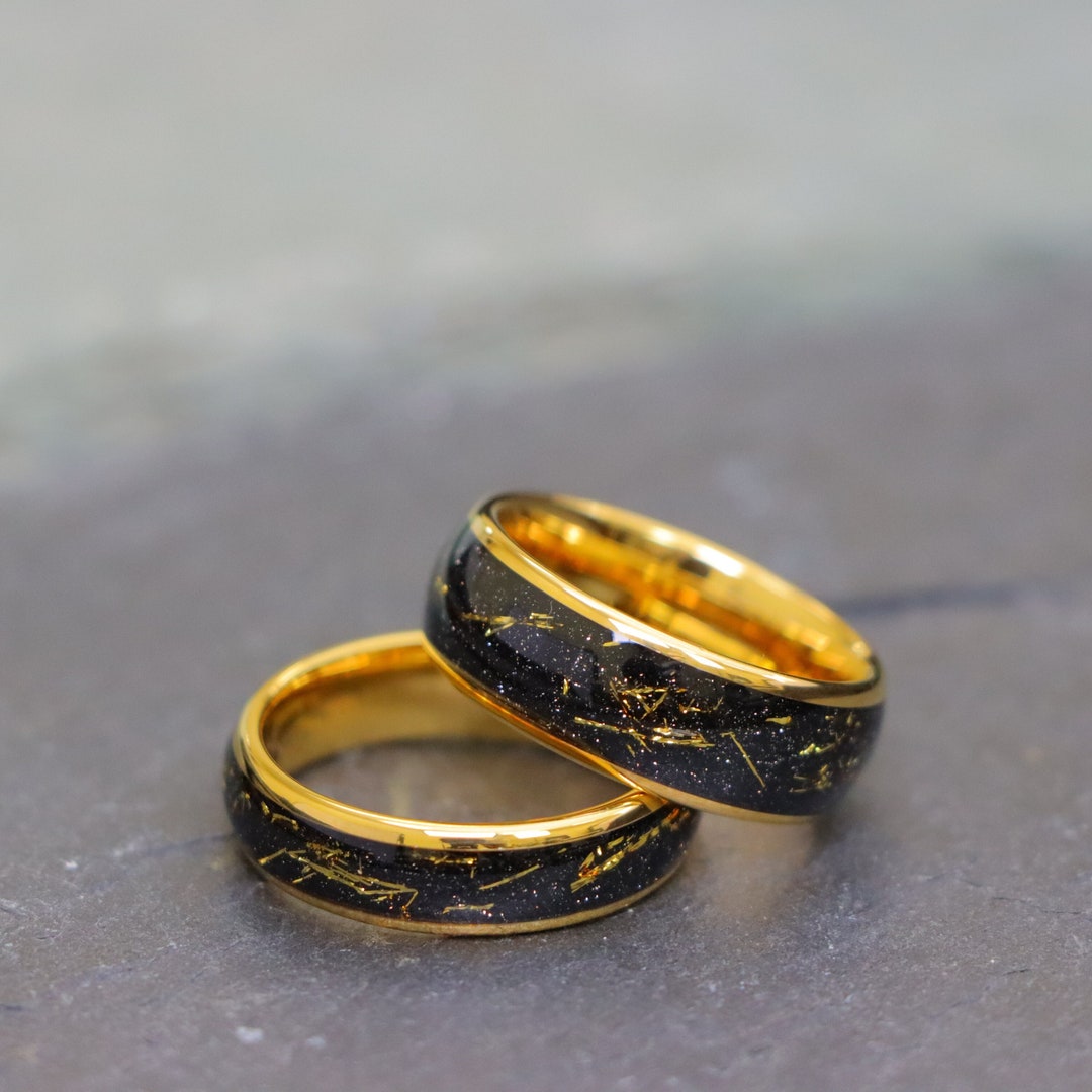 Gold Meteorite Inlay Anniversary Ring, Women's Wedding Band, Black and ...