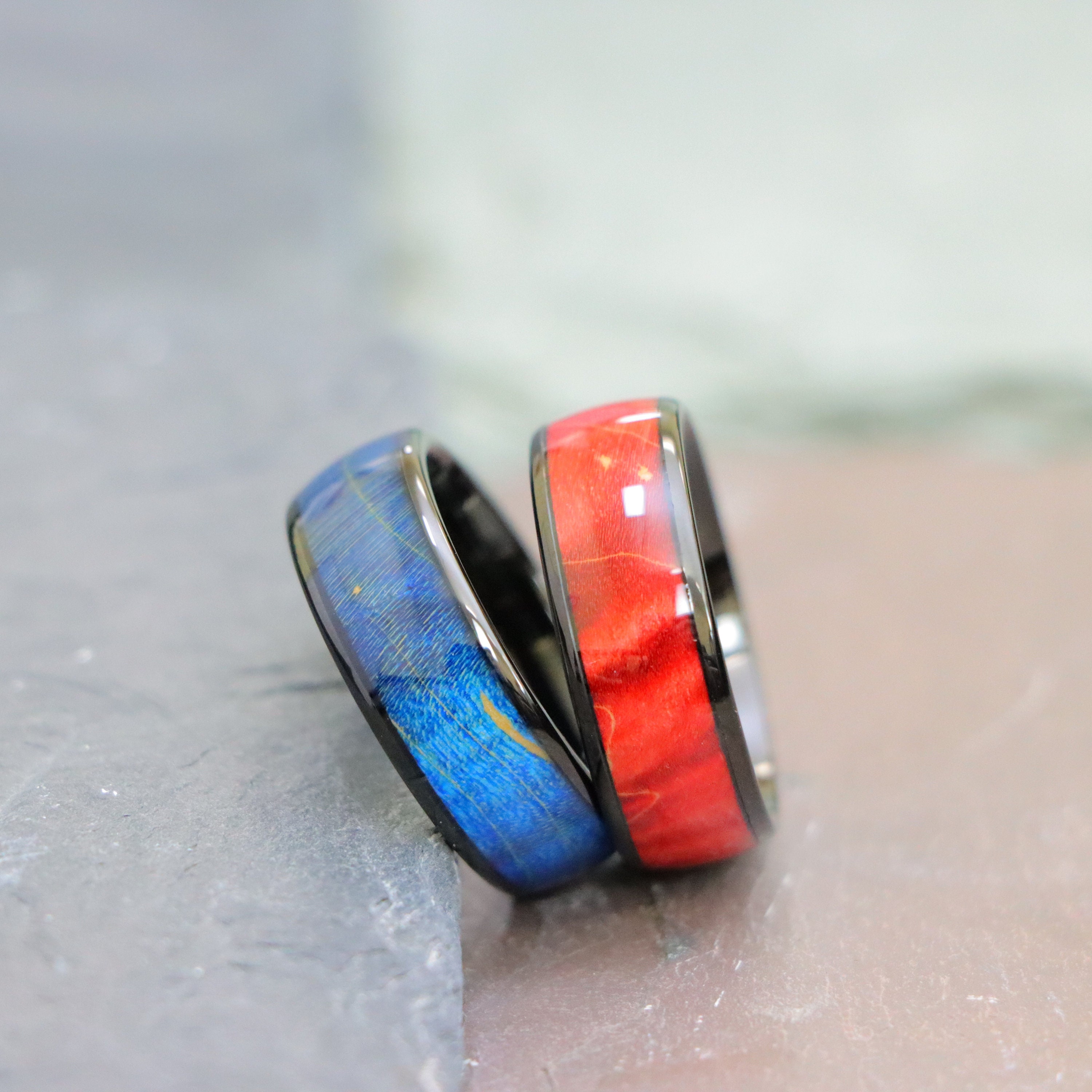 Azure Blue Colored Wood Inlay Black Dome Rings, Men's Tungsten Wedding ...