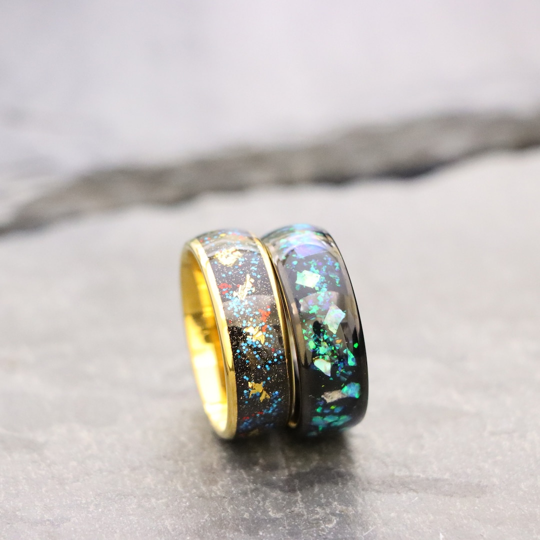 Unique Wedding Ring, Gold Flakes Inlay, Comfort Fit Ring, Dome Inlay ...