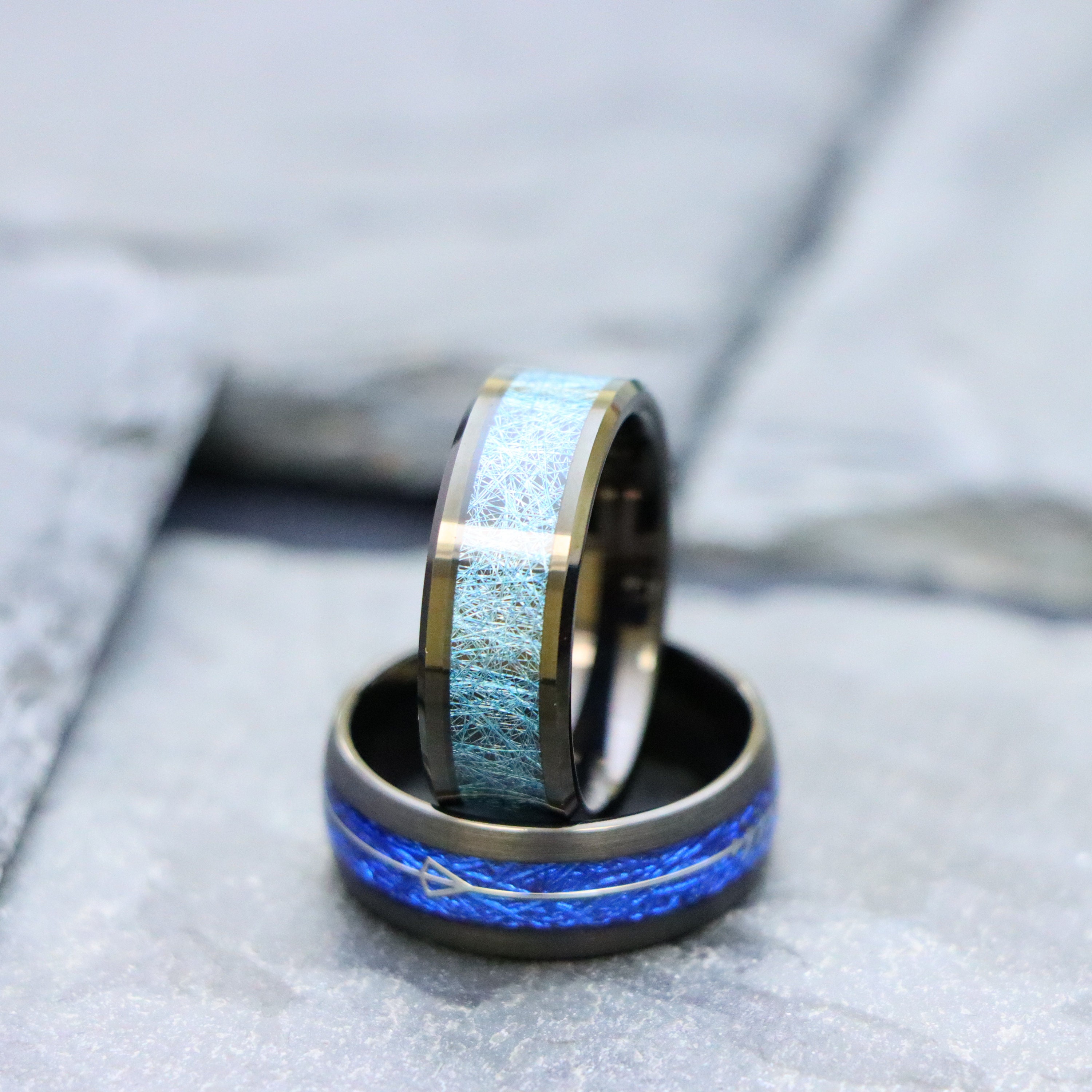 Blue Meteorite Inlay Engagement Ring Feathered Arrow Inlay Black ...