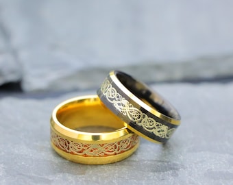 Rose Wood Inlay Women's Ring, Irish Knot Dragon Wedding Rings, Men's Celtic Knot Tungsten Bands, Promise Ring for Men, Men's Engagement Ring