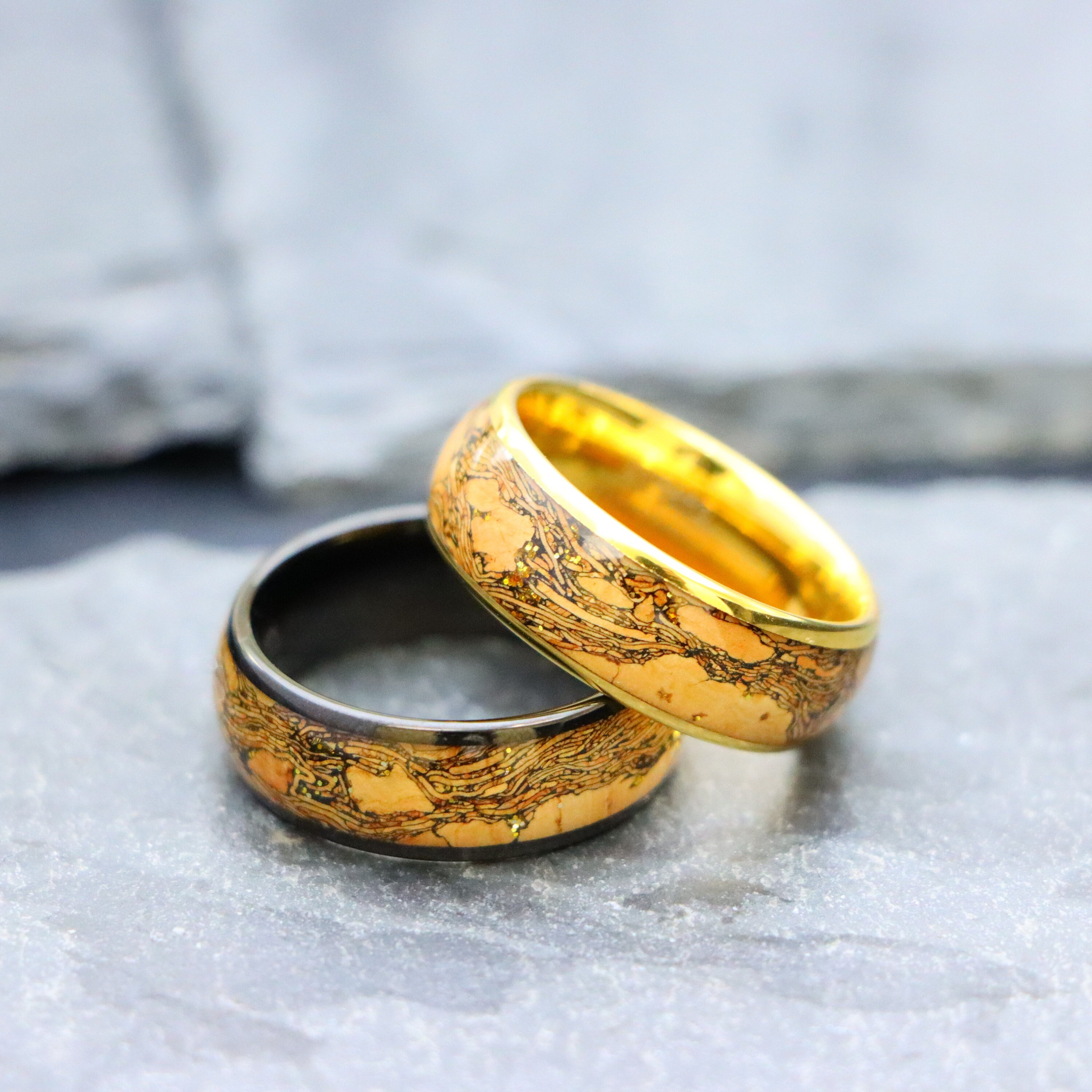 Tungsten Cork Inlay Ring, Yellow Gold Ring, Men Women Wedding Bands ...
