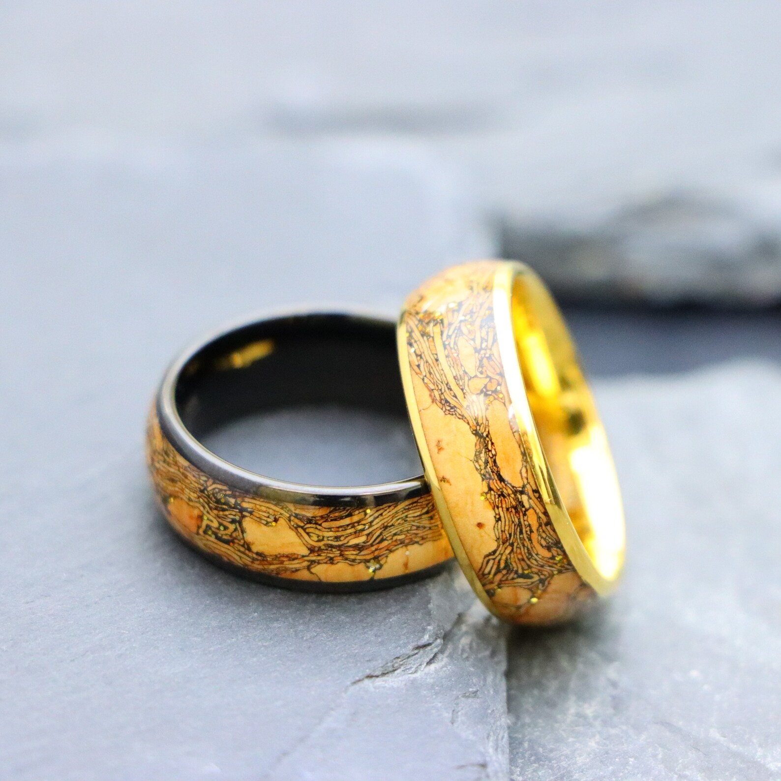 Tungsten Cork Inlay Ring, Yellow Gold Ring, Men Women Wedding Bands ...