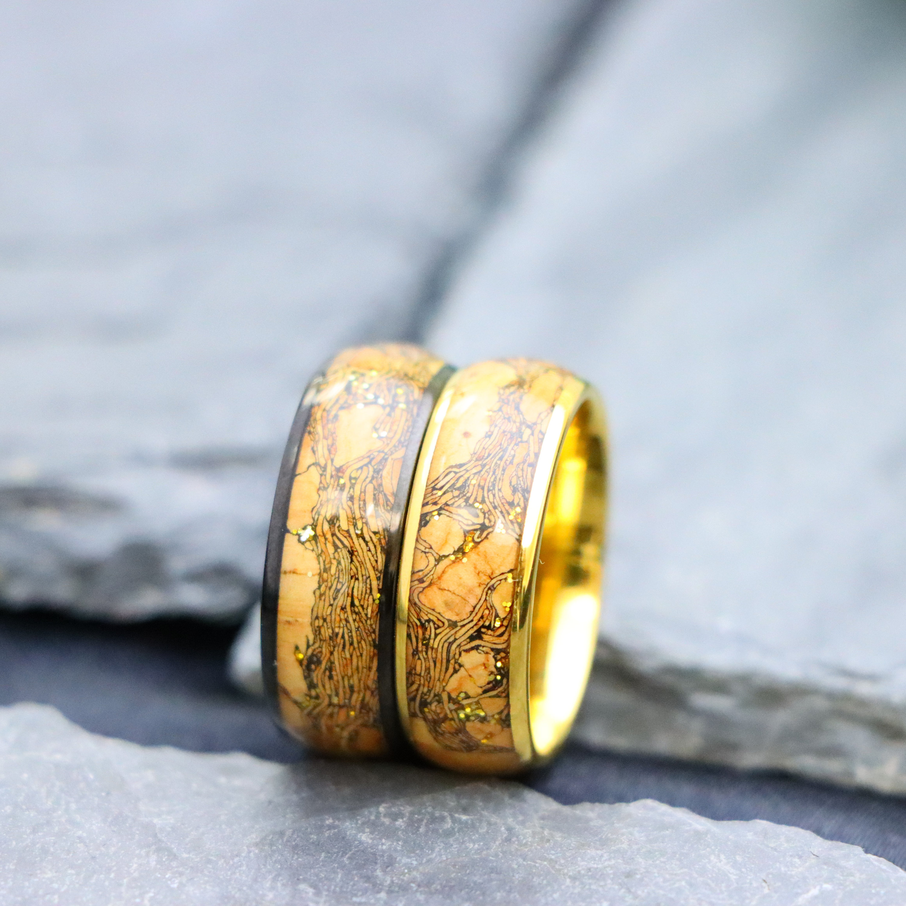 Tungsten Cork Inlay Ring, Yellow Gold Ring, Men Women Wedding Bands ...