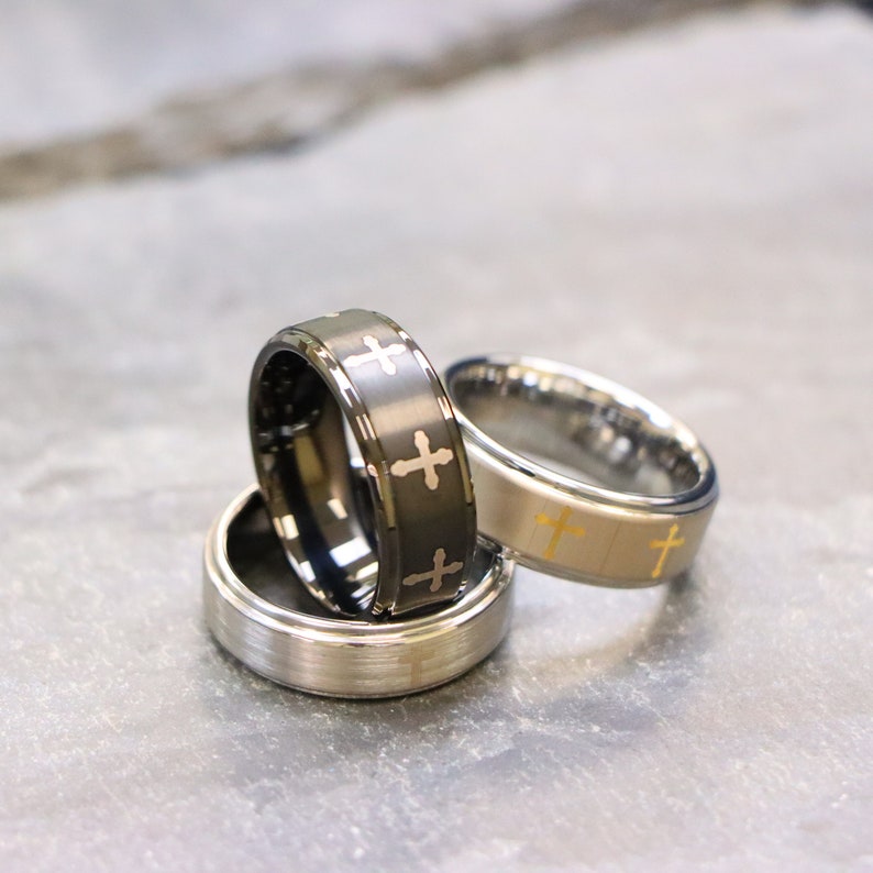Cross Wedding Ring, Christian Wedding Ring, Tungsten Wedding Ring, 8mm