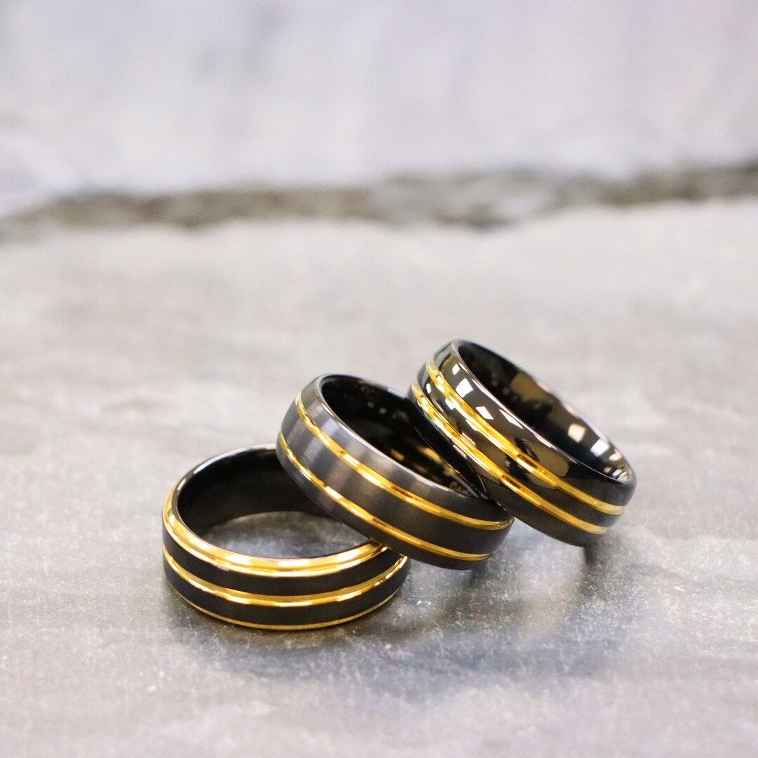 Men's Wedding Band Yellow Gold Ion Plated Brushed Black Tungsten Ring, Men's Wedding Ring