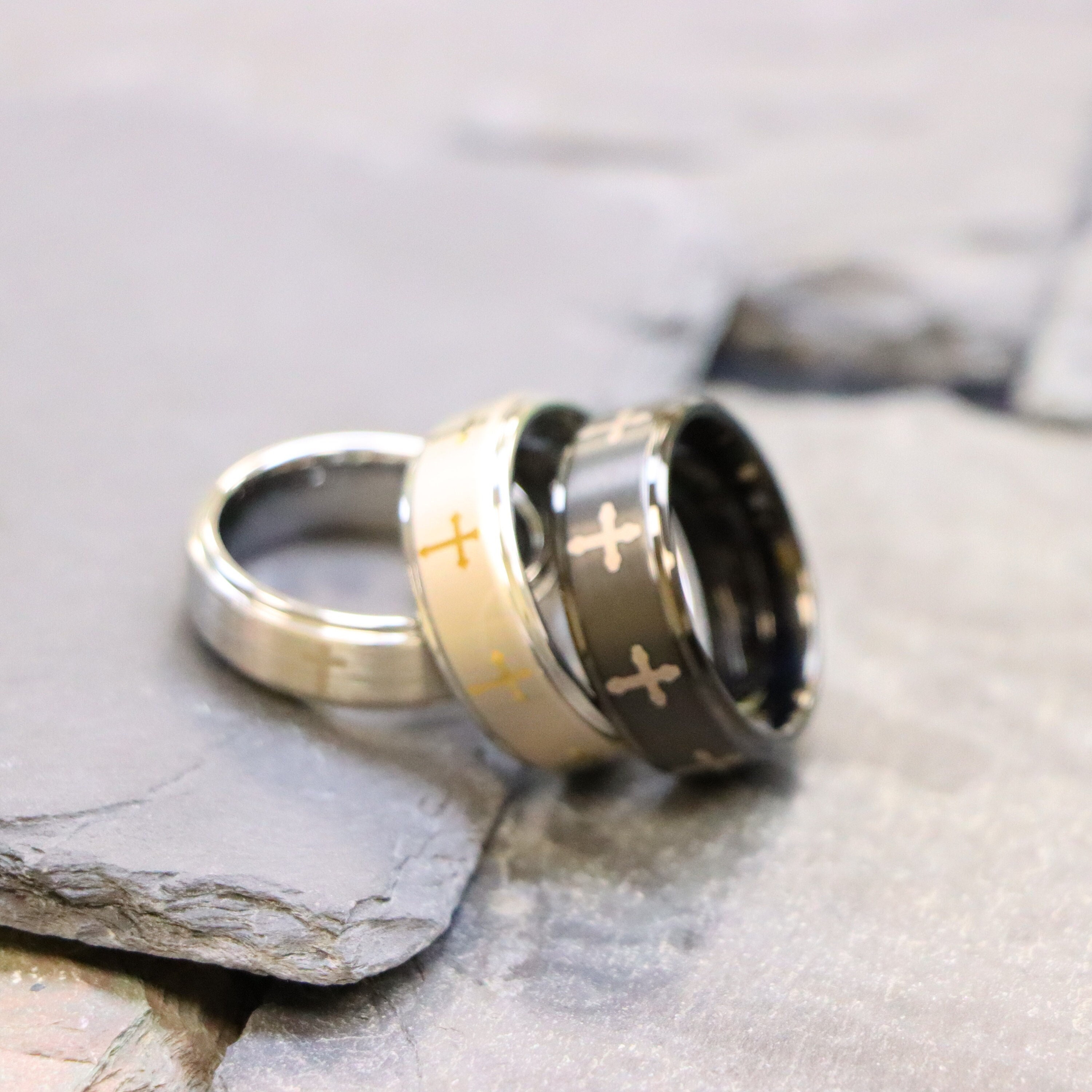 Gray Tungsten Ring Men's Cross Wedding Band Cross Ring 8mm Band