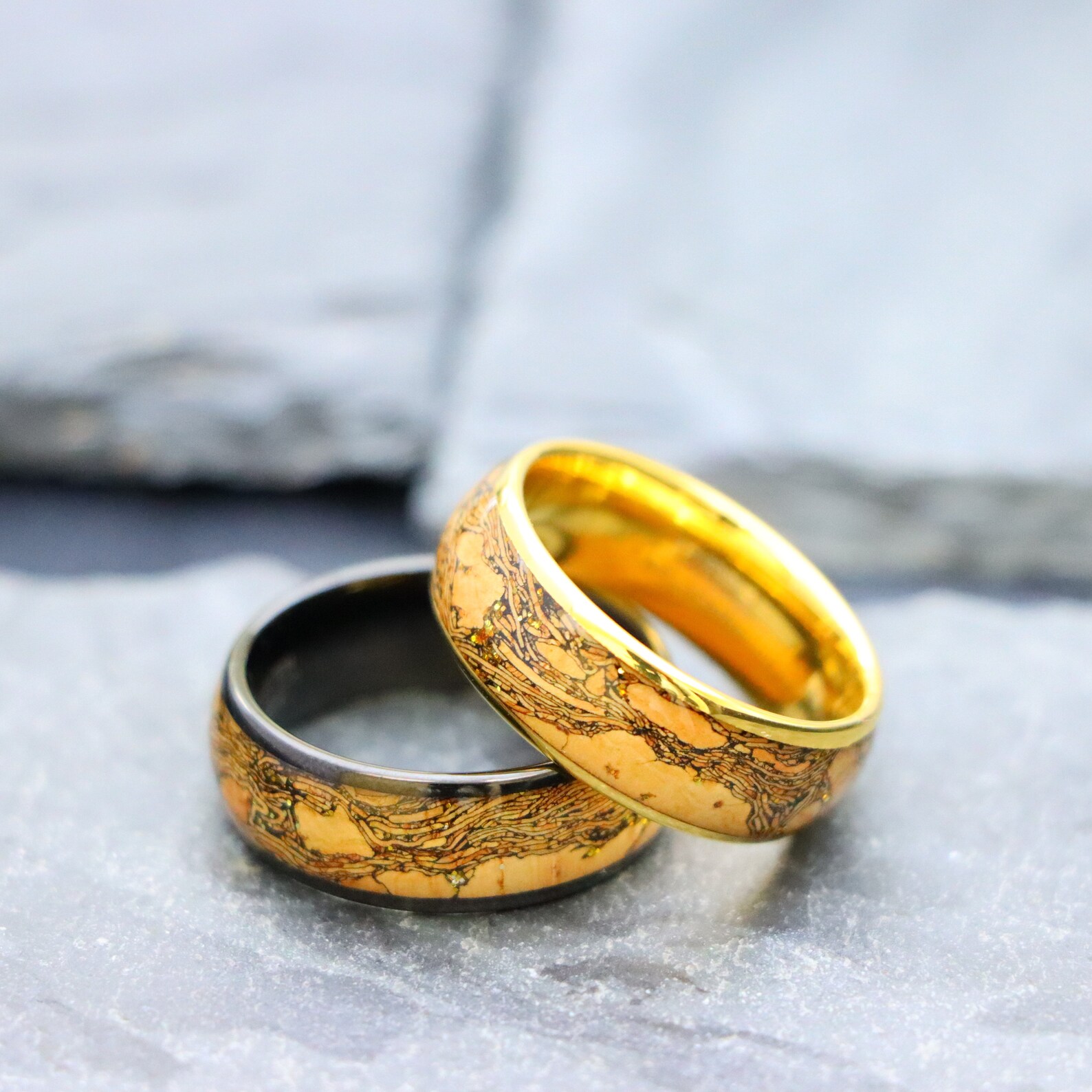 Tungsten Cork Inlay Ring, Yellow Gold Ring, Men Women Wedding Bands ...