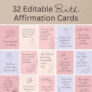 Puede incluir: Un conjunto de 32 tarjetas de afirmación de nacimiento editables. Cada tarjeta presenta una afirmación única en una fuente elegante, acompañada de delicadas ilustraciones lineales de flores y figuras. Las tarjetas son rosas y lavanda.