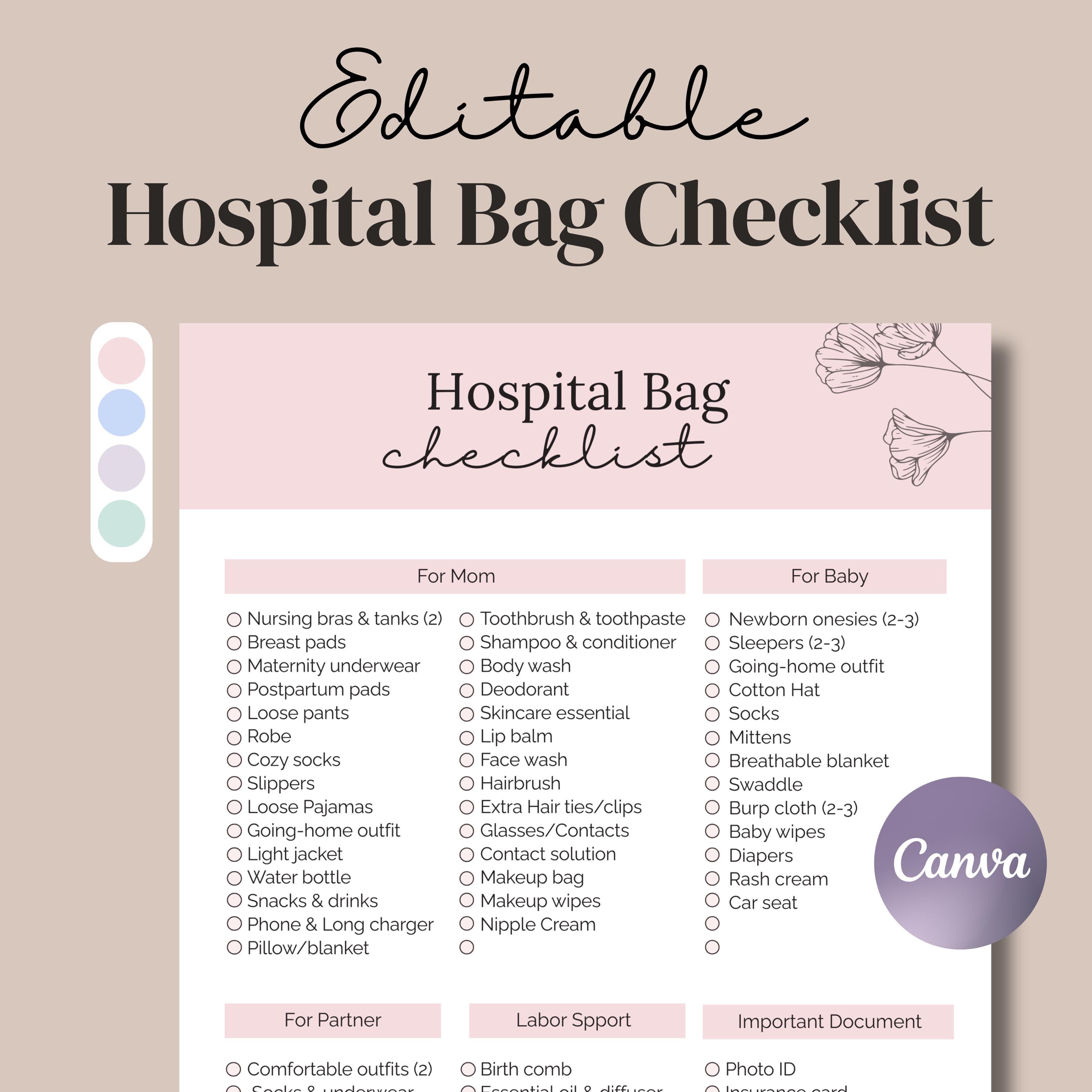 Editable Hospital Bag Checklist: Mom & Baby - Printable Template (Canva Edit, Digital Download)