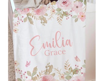 Personalized Baby Blanket: Pink Floral Wildflower Nursery Bedding
