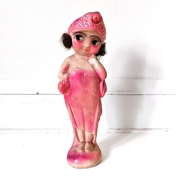 20s/30s Flapper Kewpie Carnival Chalkware Figure Statue Prize Souvenir - Hair Buns - Pink - Collectible