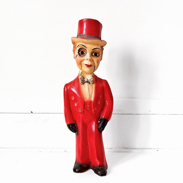 30s Charlie McCarthy Carnival Chalkware Figure Statue Prize Souvenir - Red Suit Hat Monocle - Collectible