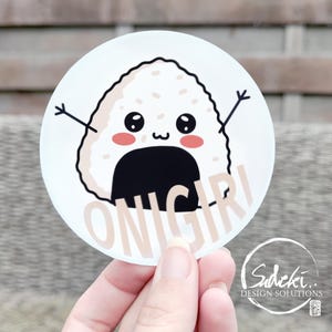 Onigiri Reisbällchen Sticker Aufkleber, Japanischer Reisball, 8 cm Rund, wetterfester Aufkleber, UV-beständig, Reissnack, Japanese rice ball