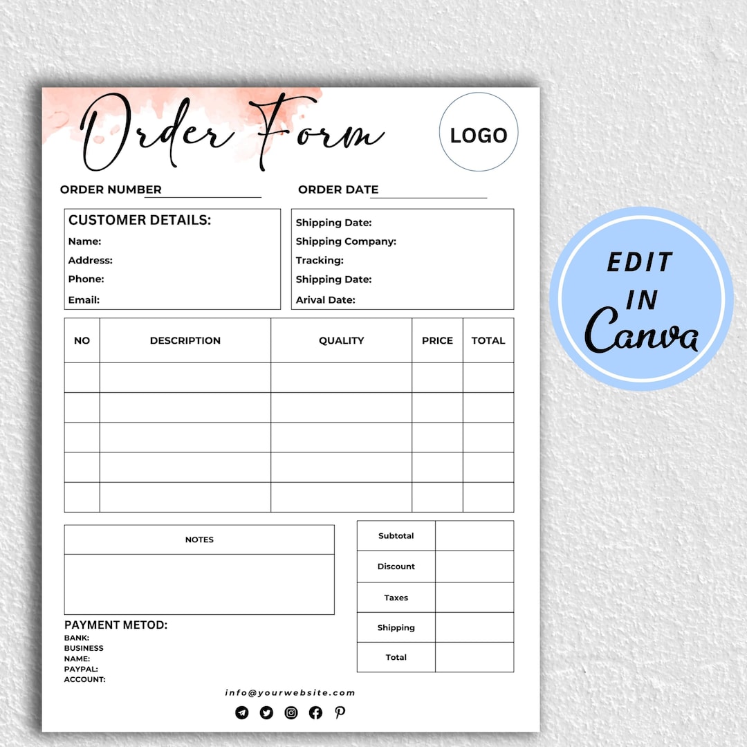 Editable Order Form Template: Custom Printable for Small Business ...