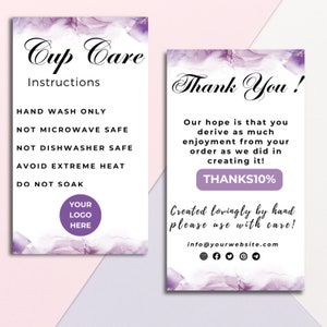 Care Cards Instructions I  I Canva Template I  I Tumbler Care Guide Instructions, Washing Instructions Cards, Canva Template