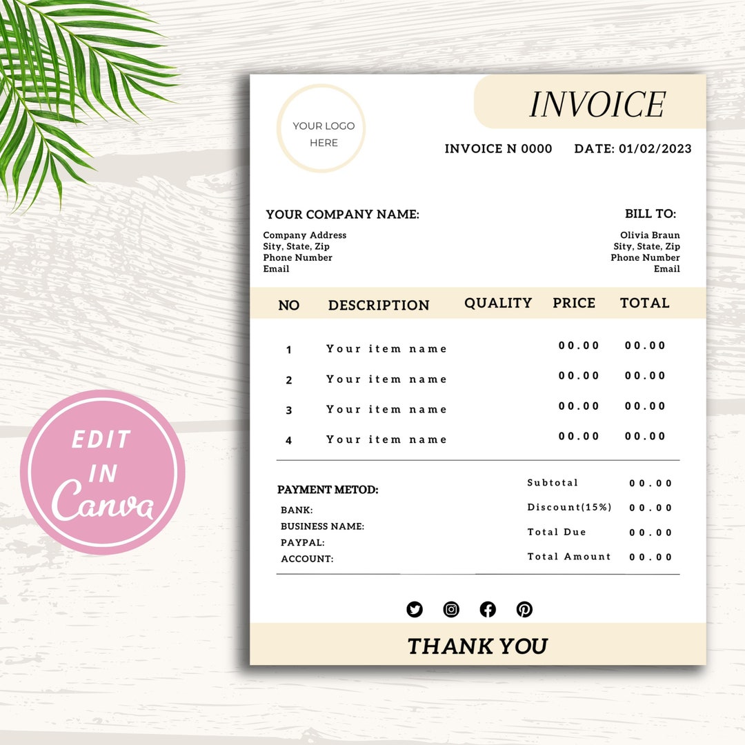 Invoice Template | Editable Canva Template, Custom Order Form Printable ...